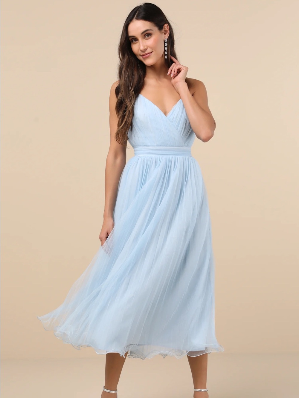 Lulu's Pale Blue V-Neck Tulle Midi Dress